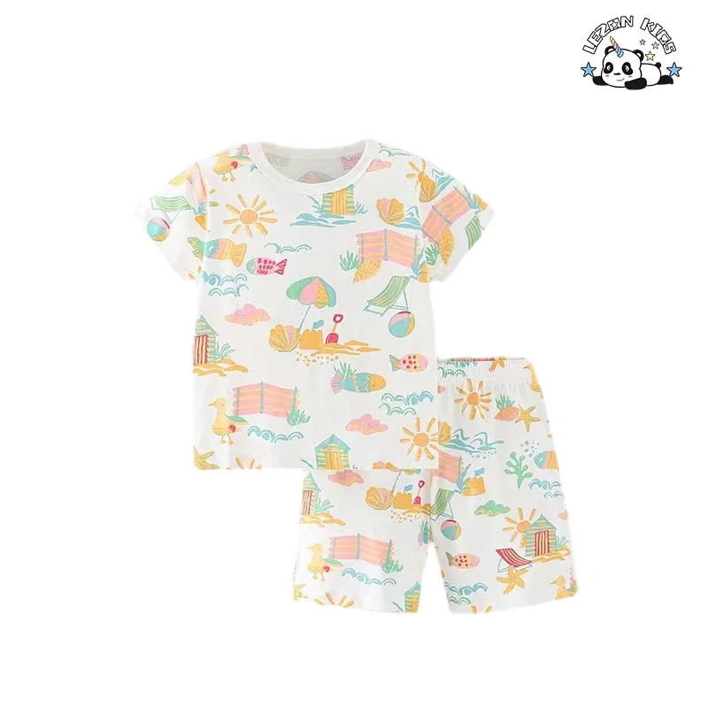 LEZONKIDS - Factory direct price pattern printing short t-shirt and shorts cute little girls clothing sets